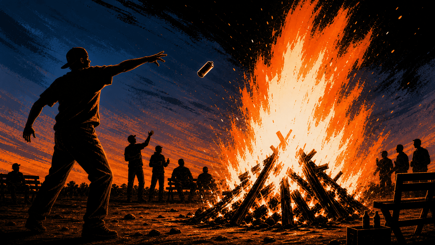 Silhouette of a Neveh alumnus throwing an aerosol can toward a big bonfire