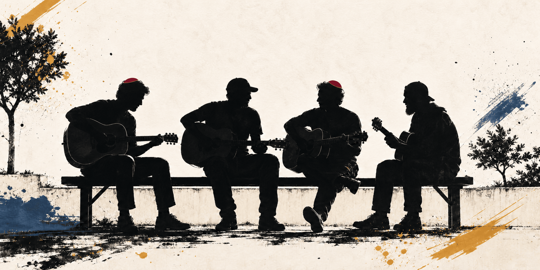Silhouettes of Neveh alumni sitting on a bench and jamming guitars