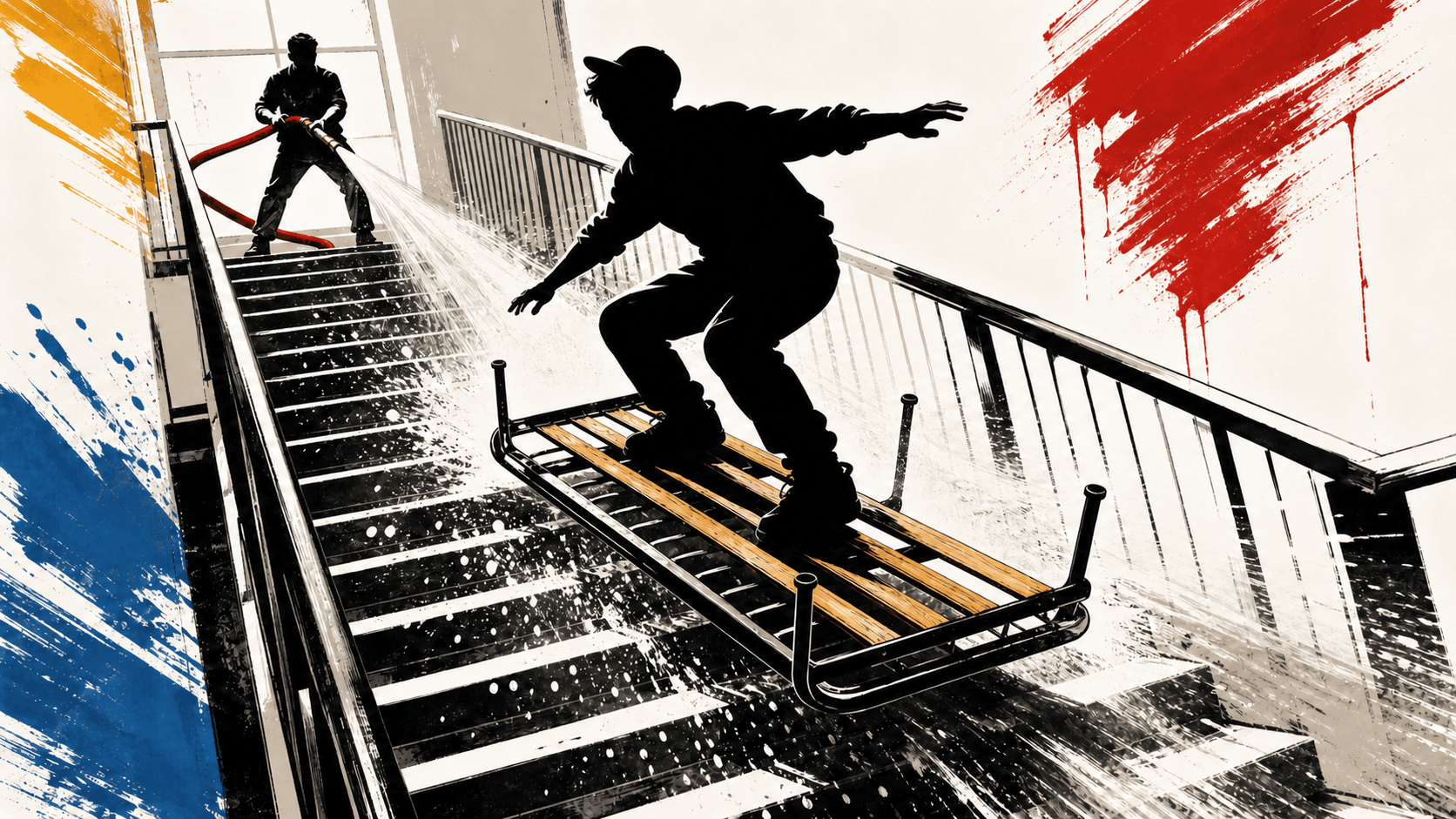 Silhouette of a Neveh alumnus surfing down stairs on an upside-down bed frame while a friend sprays the steps with a fire hose